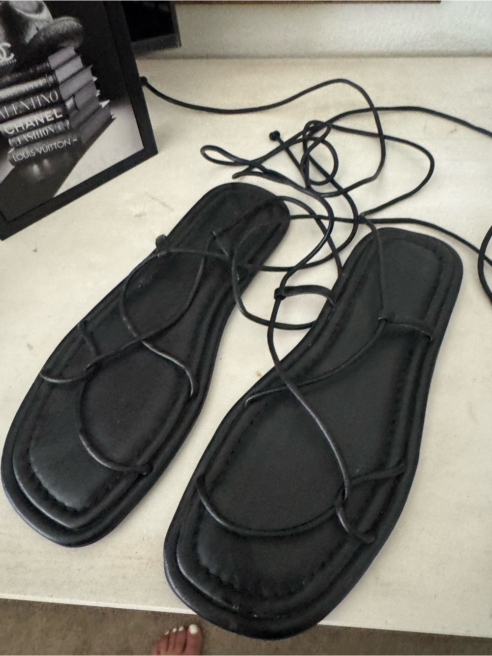 Black Lace-Up Strappy Flat Sandals